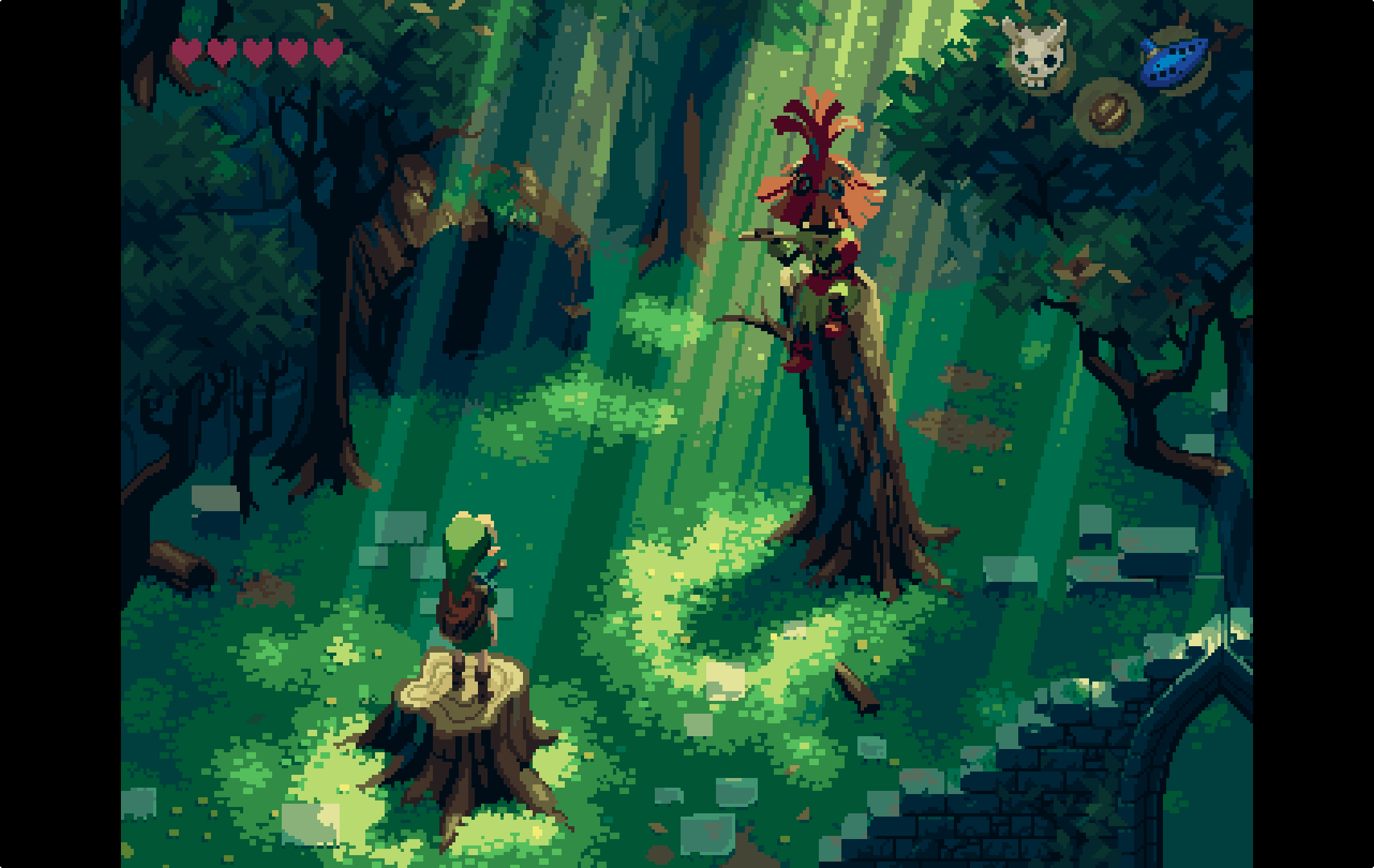 1boy, 1other, blonde_hair, boots, commentary, forest, grass, green_headwear, hat, heart, highres, instrument, letterboxed, link, looking_at_another, mask, nature, nostalgia_tree, ocarina, outdoors, pixelated, pointy_ears, shield, sitting, skull_kid, standing, stone_wall, sword, the_legend_of_zelda, the_legend_of_zelda:_ocarina_of_time, tree, tree_stump, wall, weapon, wooden_shield