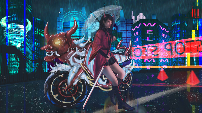 1girl, backwards_text, bare_legs, black_footwear, black_hair, boots, building, city