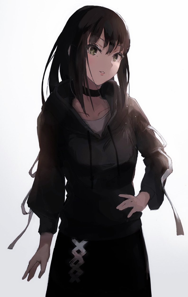 1girl, black_hair, choker, collarbone, green_eyes, hand_on_hip, highres, hood