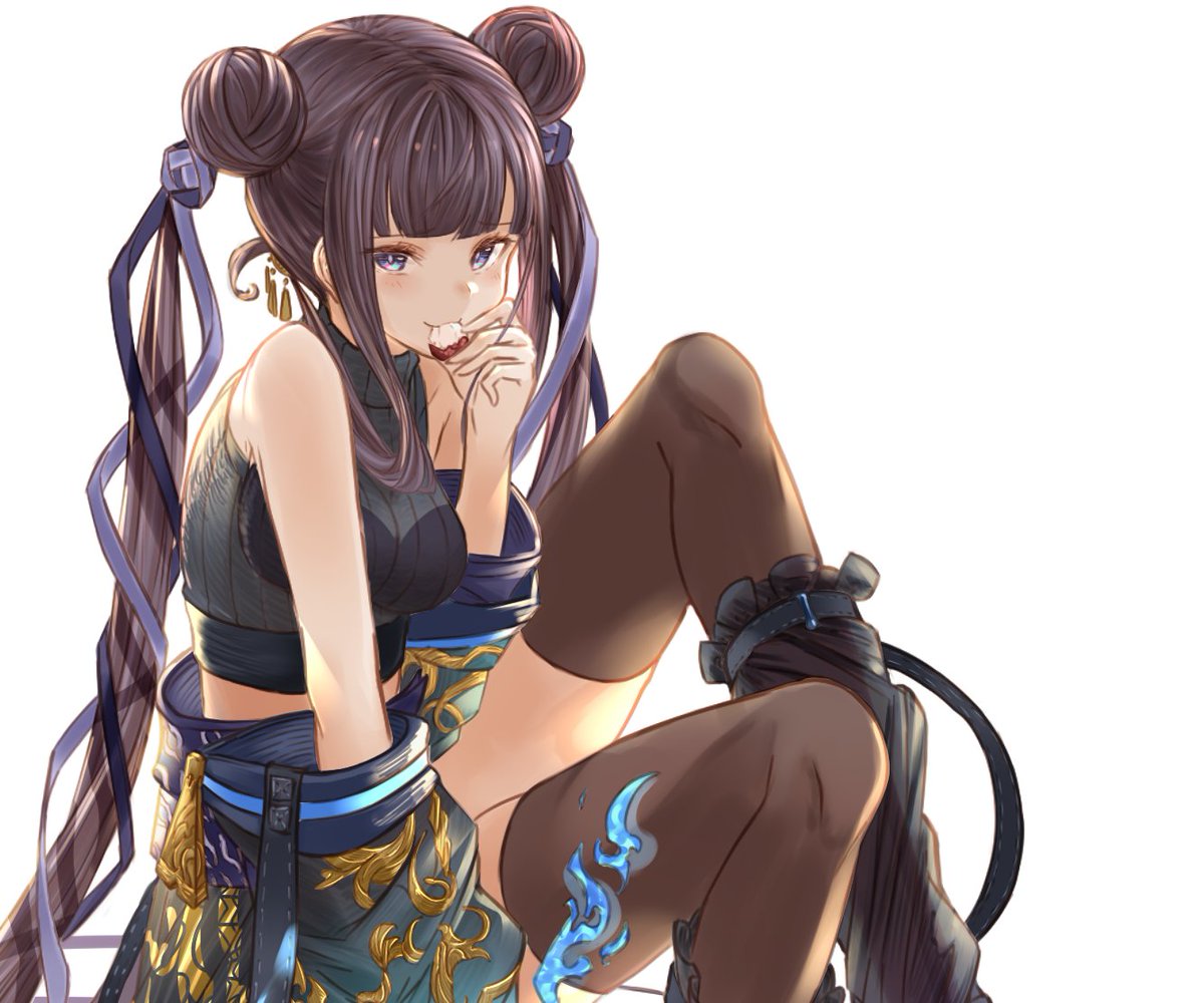 1girl, alternate_costume, bangs, bare_shoulders, black_dress, black_legwear, black_shirt, blue_eyes, blunt_bangs, blush, breasts, crop_top, detached_sleeves, double_bun, dress, fate/grand_order, fate_(series), knees_up, large_breasts, long_hair, looking_at_viewer, lychee, midriff, purple_hair, shirt, sidelocks, simple_background, sleeveless, sleeveless_shirt, smile, thigh-highs, twintails, very_long_hair, white_background, yang_guifei_(fate/grand_order), yatsuka_(846)