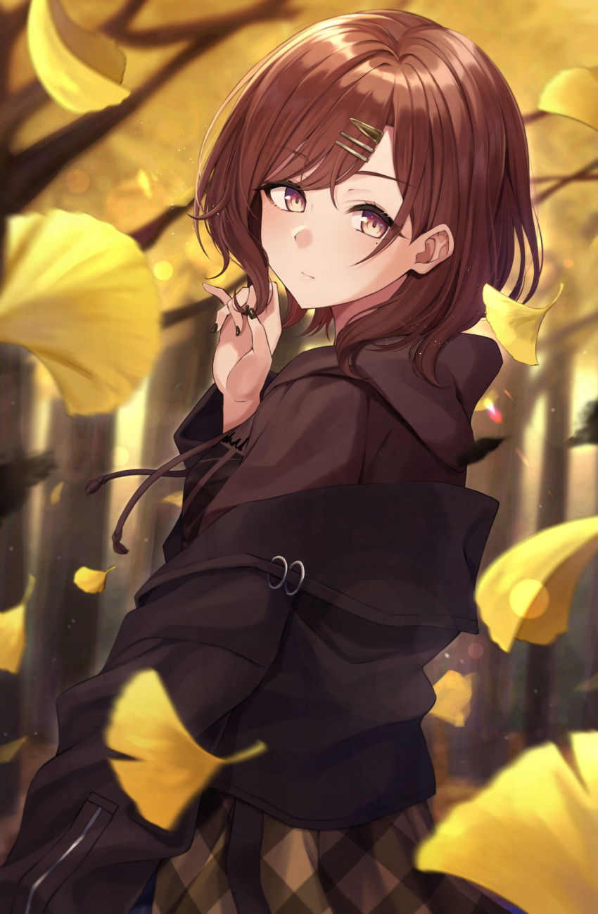 1girl, absurdres, autumn, bangs, black_jacket, black_nails, blurry, blurry_background