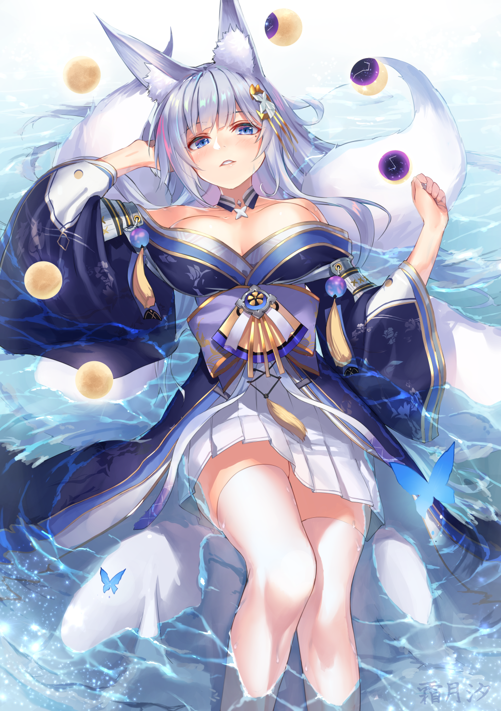 1girl, animal_ear_fluff, azur_lane, blue_butterfly, blue_collar, blue_eyes, blue_kimono, breasts