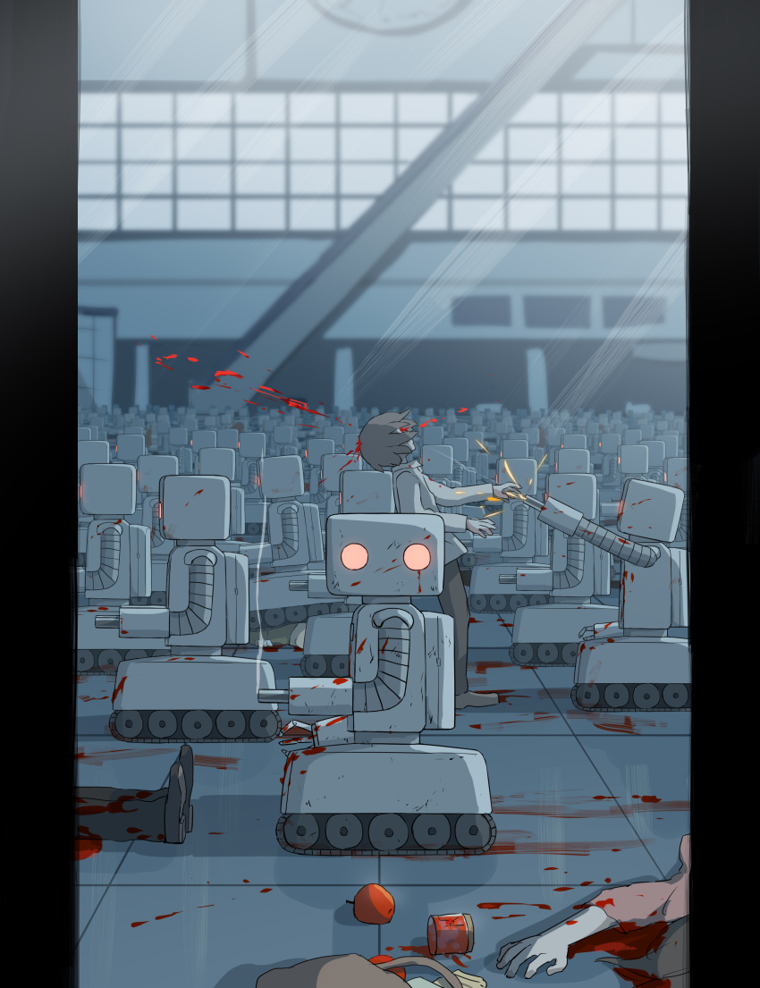 absurdres, apple, avogado6, blood, blood_splatter, death, factory, food