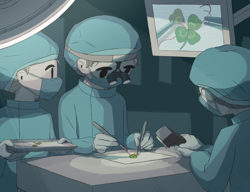 3others, absurdres, avogado6, binoculars, black_eyes, brown_hair, clover, four-leaf_clover