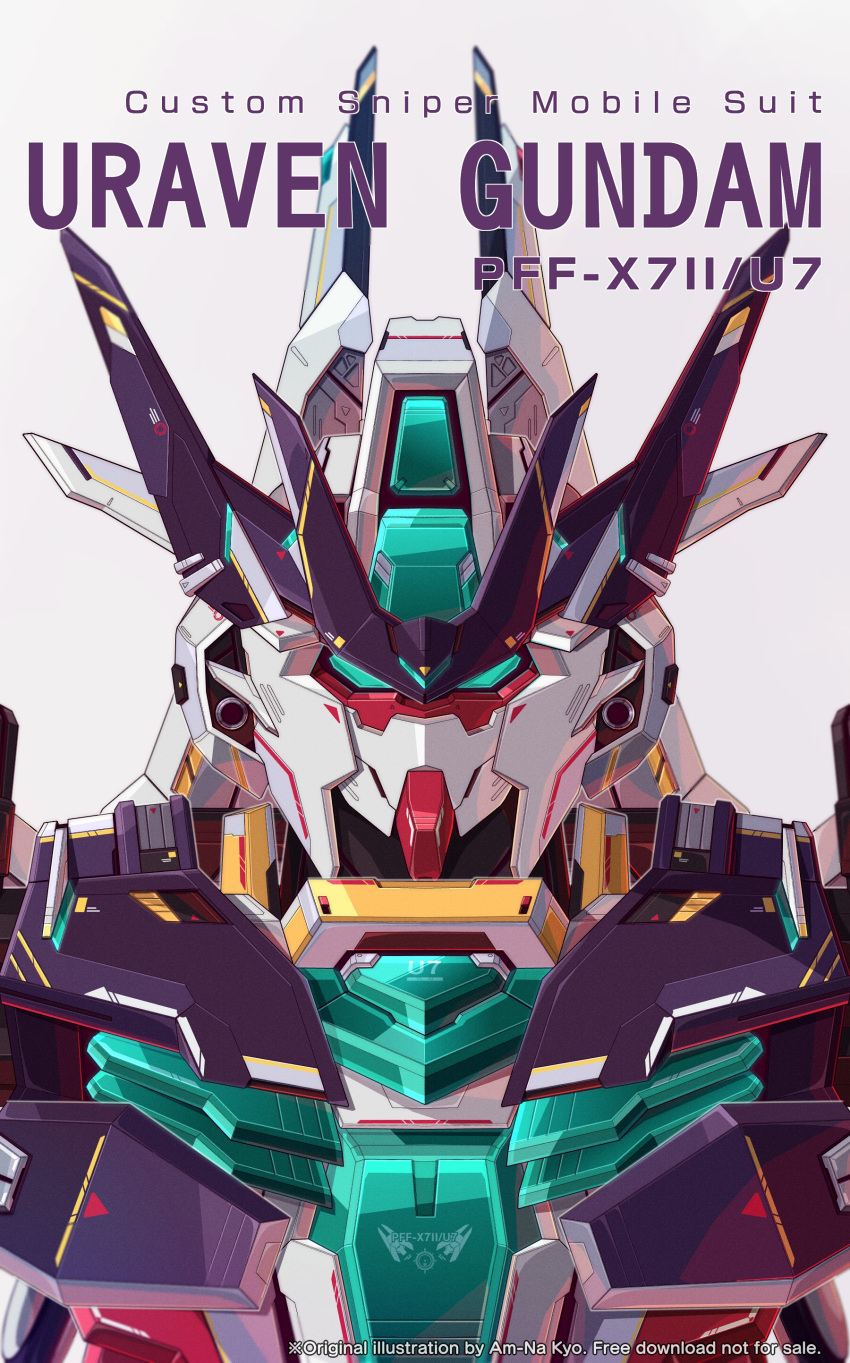 absurdres, aqua_eyes, artist_name, azzalea, character_name, english_commentary, grey_background, gundam, gundam_build_divers, gundam_build_divers_re:rise, highres, looking_at_viewer, mecha, no_humans, portrait, science_fiction, solo, uraven_gundam, v-fin, watermark