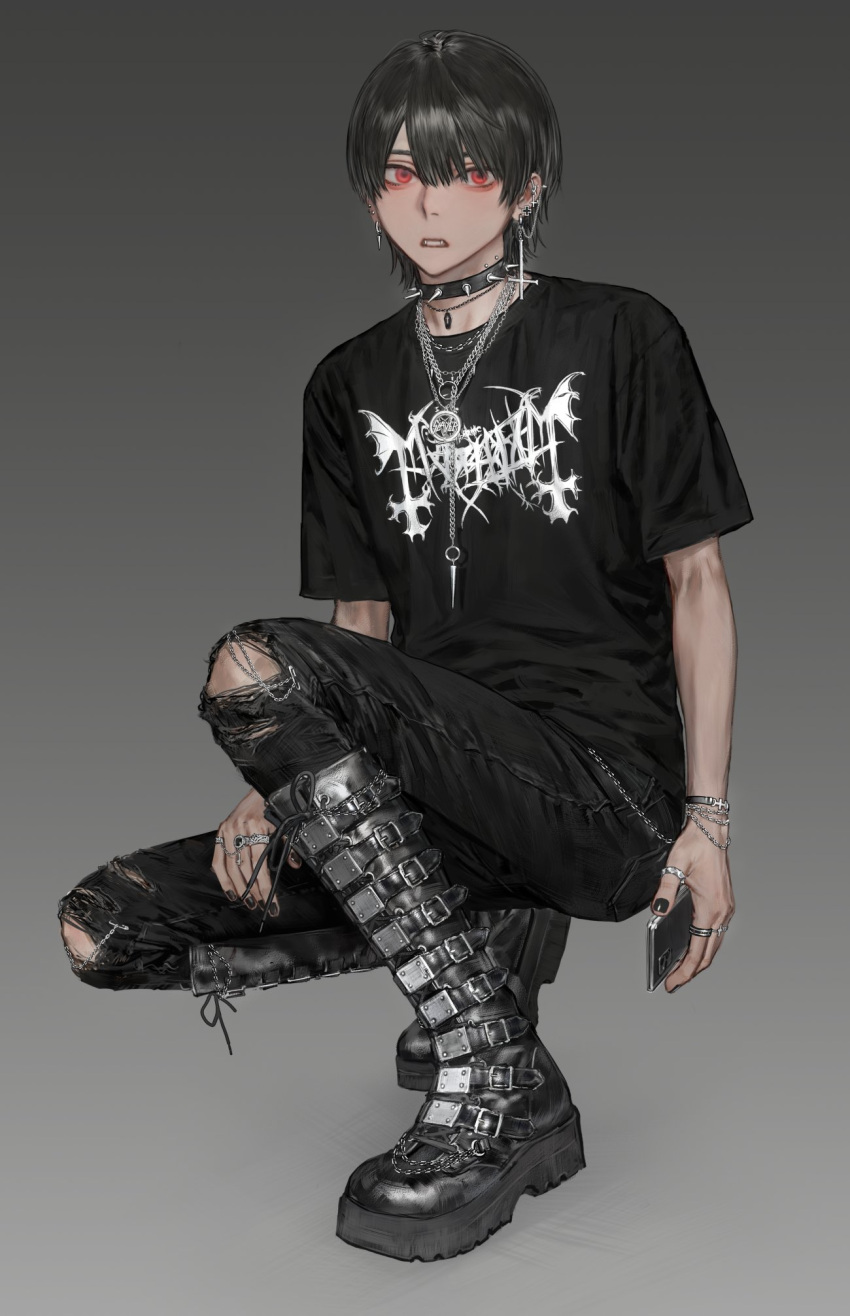 1boy, belt_boots, black_choker, black_footwear, black_hair, black_nails, black_pants, black_shirt