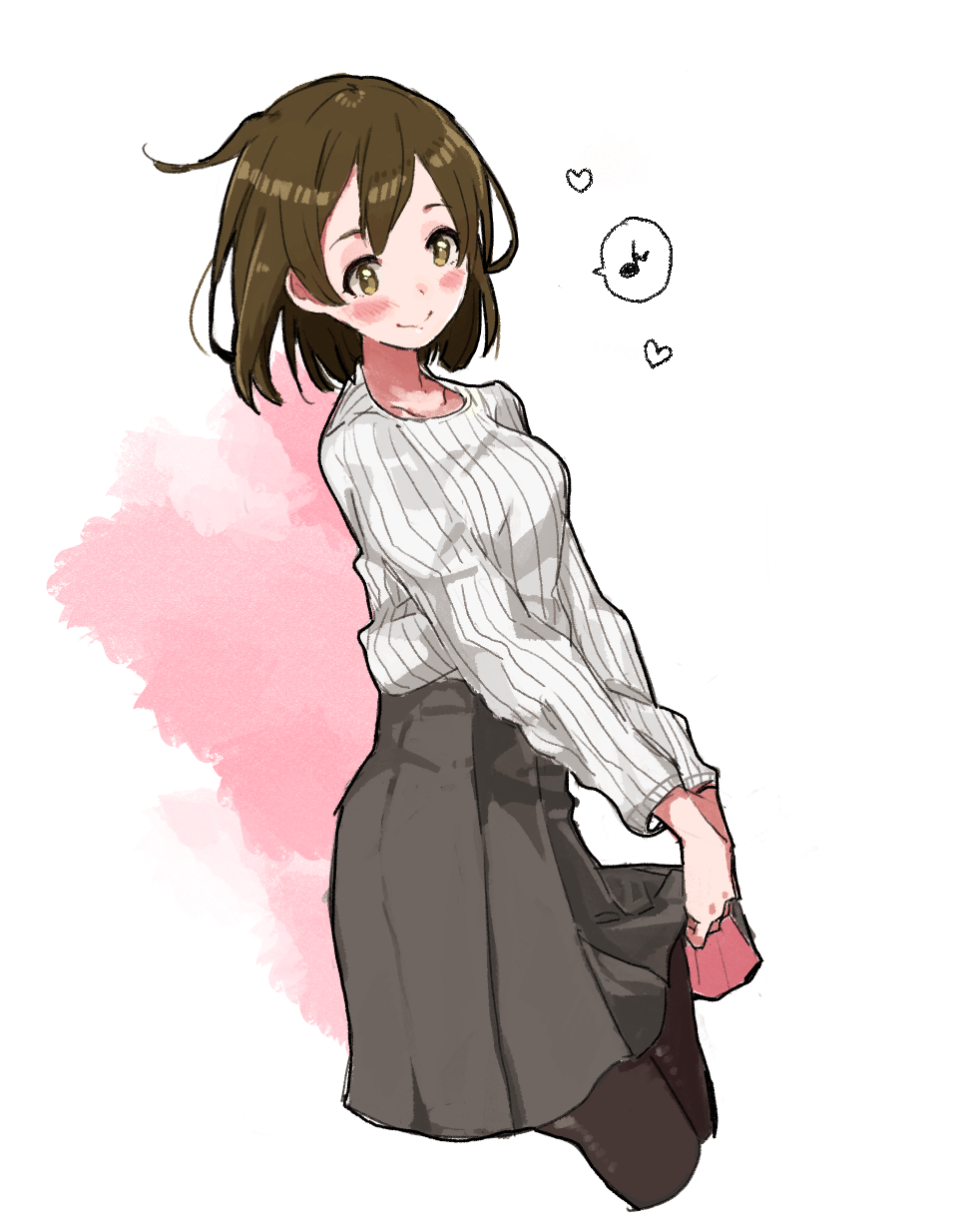 bag, black_legwear, blush, breasts, brown_hair, casual, cosplay, cowboy_shot