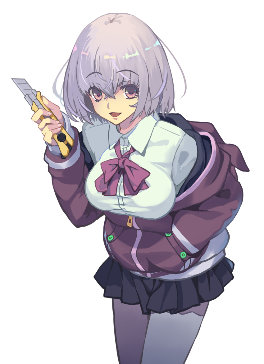 1girl, bangs, black_skirt, breasts, collared_shirt, cupe., eyebrows_visible_through_hair, hand_in_pocket, highres, hobby_knife, holding, holding_knife, hood, hoodie, knife, large_breasts, leaning_forward, light_blush, looking_at_viewer, miniskirt, off_shoulder, purple_hoodie, shinjou_akane, shirt, short_hair, skirt, solo, ssss.gridman, thigh-highs, violet_eyes, white_background