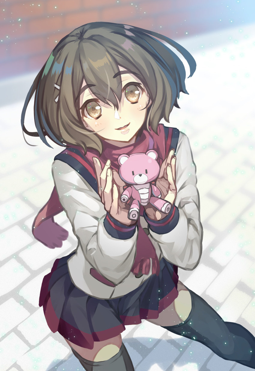 1girl, absurdres, beargguy, black_eyes, blue_skirt, brown_eyes, brown_hair, cupe.