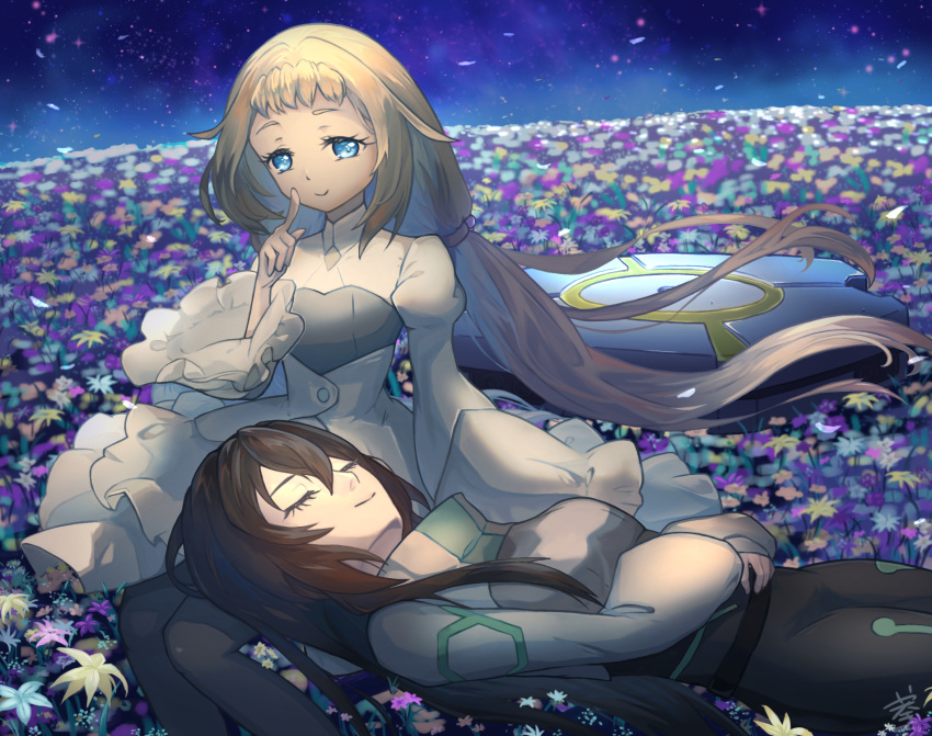 2girls, belt, black_hair, blonde_hair, blue_eyes, bodysuit, breasts, closed_eyes