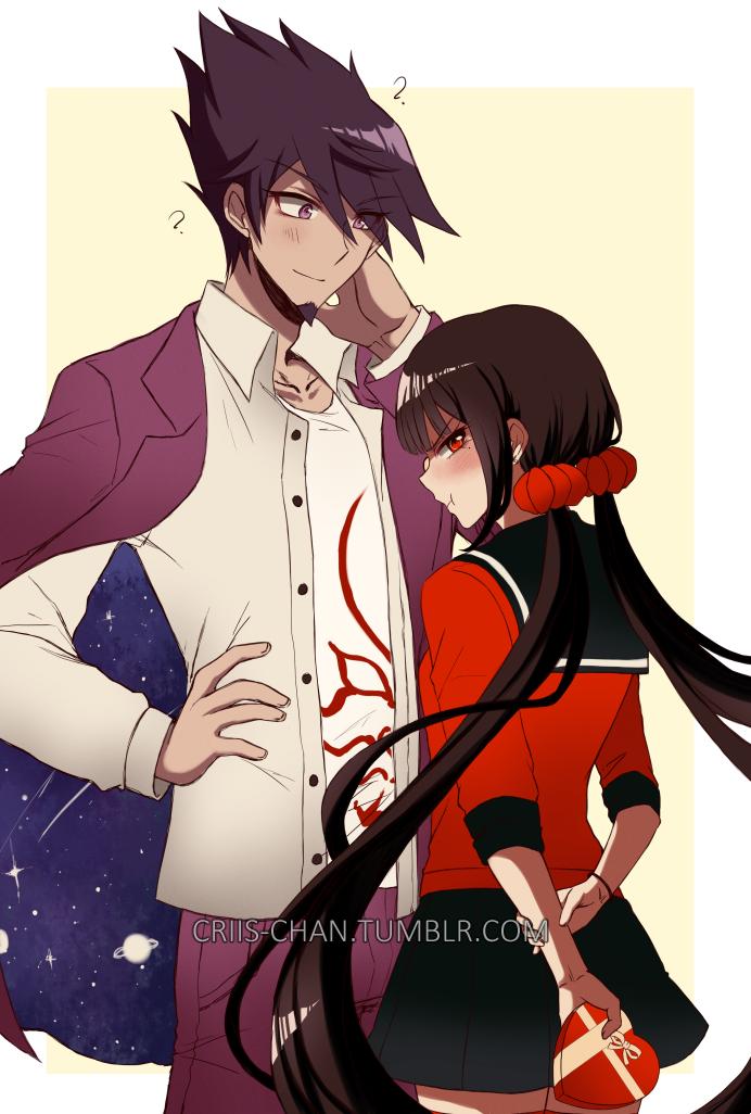 1boy, 1girl, ?, arms_behind_back, bangs, black_hair, black_skirt, blush