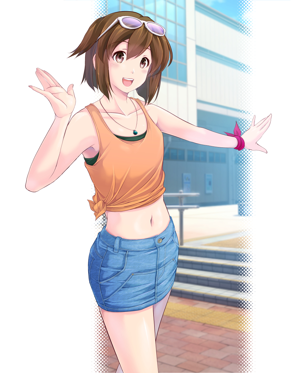 1girl, :d, alternate_costume, bare_shoulders, brown_hair, casual, cowboy_shot, denim, denim_skirt, eyewear_on_head, highres, hiryuu_(kantai_collection), jewelry, kantai_collection, looking_at_viewer, map_(blue_catty), midriff, navel, necklace, one_side_up, open_mouth, orange_tank_top, short_hair, skirt, smile, solo, sunglasses, tank_top