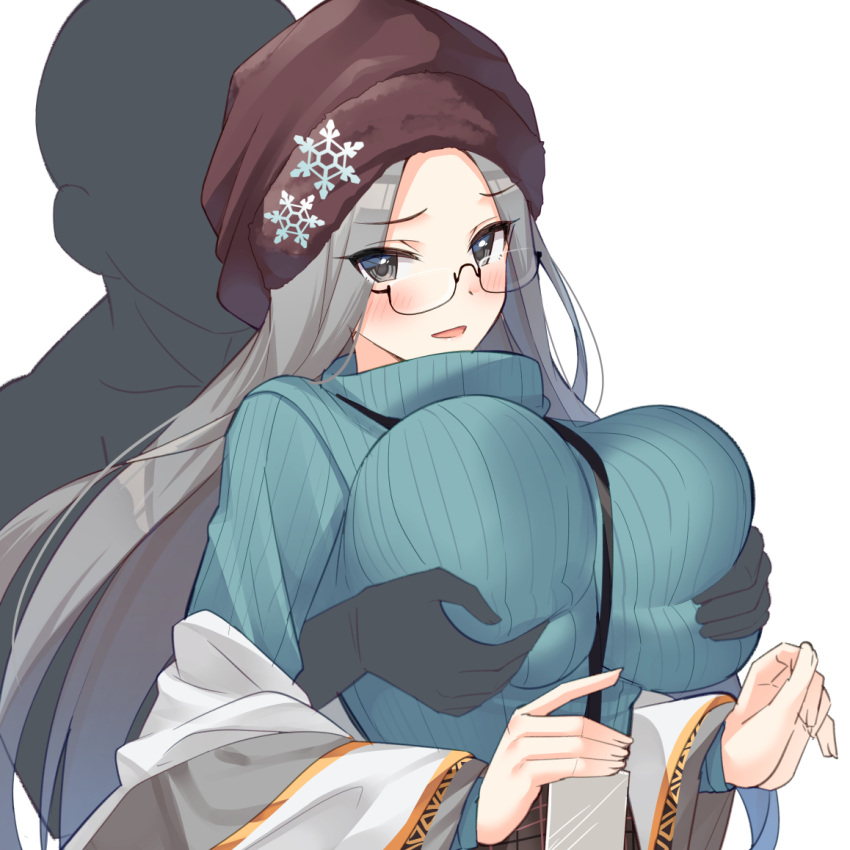 1girl, aqua_sweater, azur_lane, bangs, beanie, blush, breast_grab, breasts, brown_headwear, forehead, glasses, grabbing, grey_eyes, grey_hair, hat, large_breasts, long_hair, looking_at_viewer, open_mouth, parted_bangs, ribbed_sweater, semi-rimless_eyewear, shangri-la_(azur_lane), shangri-la_(the_collector's_paradise)_(azur_lane), shawl, simple_background, smile, snowflake_pin, super_nagoyaka, sweater, turtleneck, turtleneck_sweater, white_background