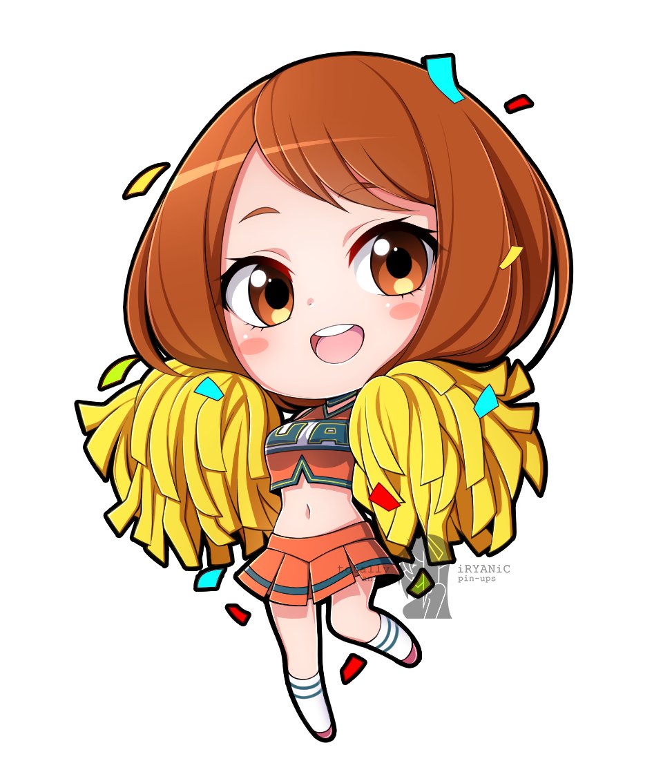 1girl, :d, blush_stickers, boku_no_hero_academia, breasts, brown_eyes, brown_hair, cheerleader, chibi, confetti, crop_top, full_body, large_breasts, midriff, miniskirt, navel, open_mouth, orange_skirt, pom_poms, short_hair, simple_background, skirt, smile, solo, totallyiryanic, u.a._cheerleader_uniform, uraraka_ochako, white_background