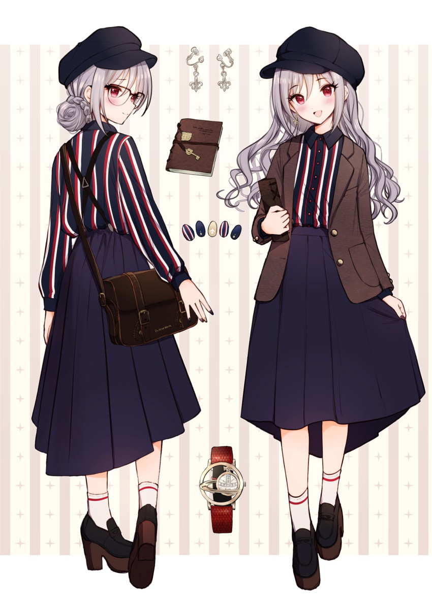 1girl, :d, alternate_costume, alternate_hairstyle, bag, bespectacled, black_footwear, black_headwear