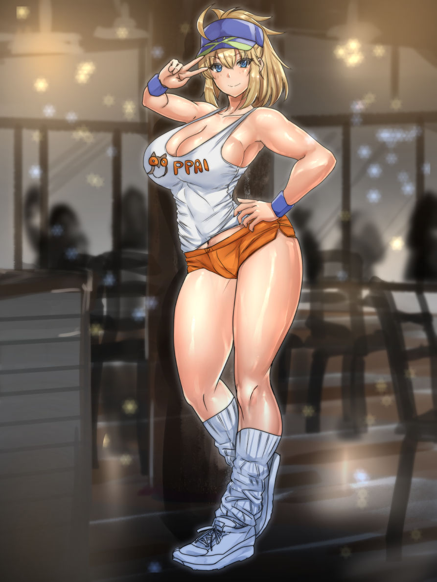1girl, ahoge, artoria_pendragon_(all), baseball_cap, blonde_hair, blue_eyes, blue_headwear, brand_name_imitation, breasts, ceiling_light, chair, english_text, fate/grand_order, fate_(series), hat, large_breasts, light_smile, mysterious_heroine_xx_(foreigner), orange_shorts, pose, restaurant, shoes, short_shorts, shorts, smile, socks, table, tank_top, thighs, tied_hair, tomliat, v, white_footwear, white_legwear, white_tank_top, wooden_floor