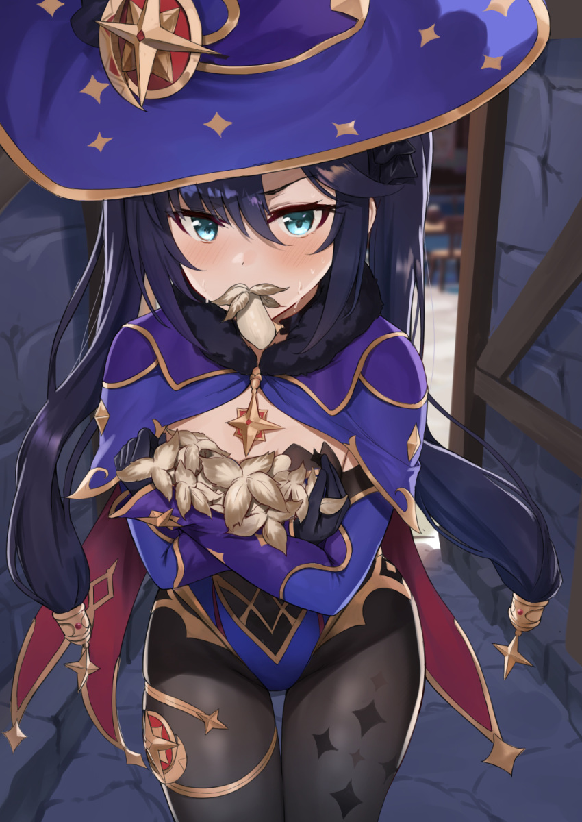 1girl, aqua_eyes, ayul_(ayulneri_92), bangs, black_gloves, black_hair, black_legwear, blue_headwear, blue_leotard, blush, bodystocking, breasts, cape, frown, fur_collar, genshin_impact, gloves, groin, hat, highleg, highleg_leotard, highres, holding, leotard, long_hair, looking_at_viewer, low-tied_long_hair, medium_breasts, mona_(genshin_impact), mouth_hold, mushroom, pantyhose, sidelocks, solo, standing, thighlet, thighs, twintails, v-shaped_eyebrows, very_long_hair, wet, witch_hat