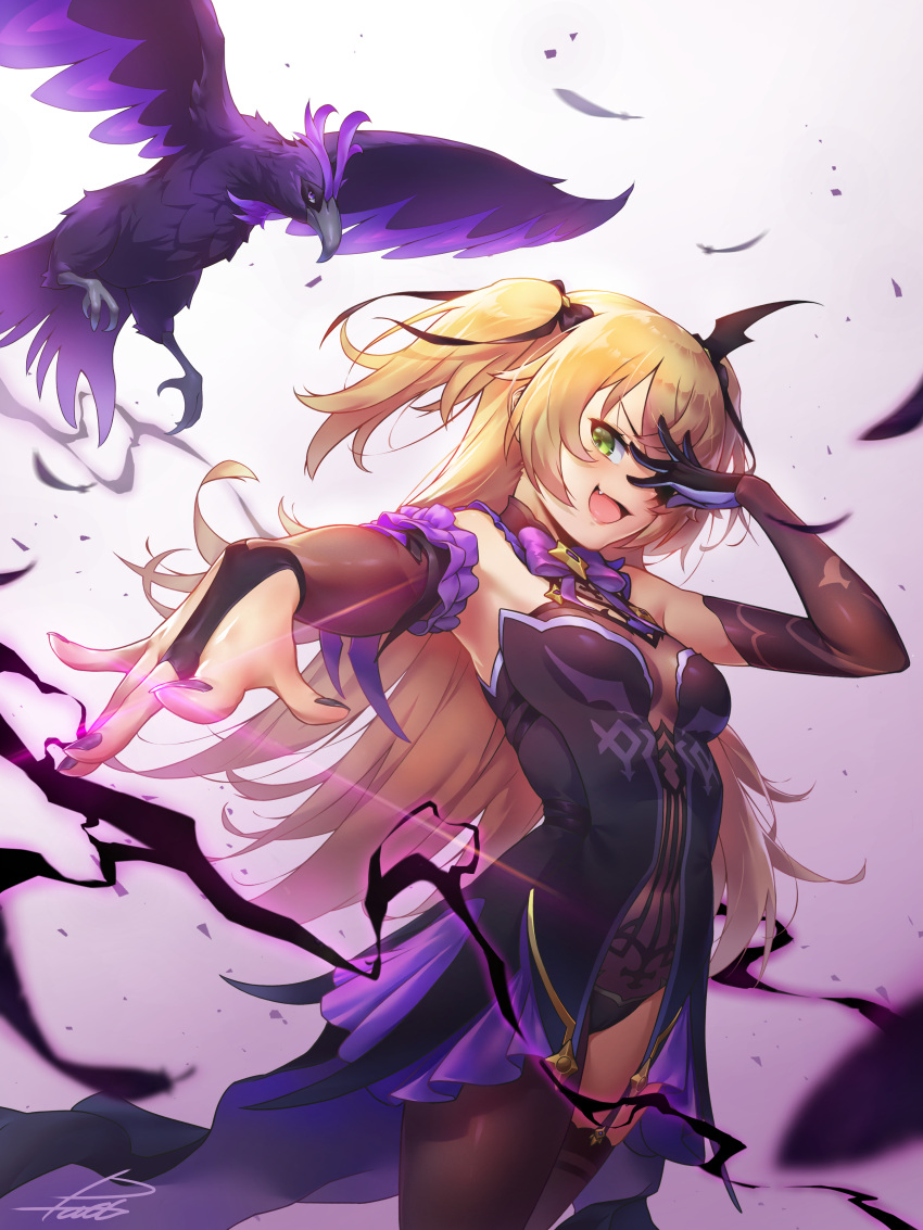 1girl, :d, absurdres, animal_request, bangs, bare_shoulders, bird, black_legwear