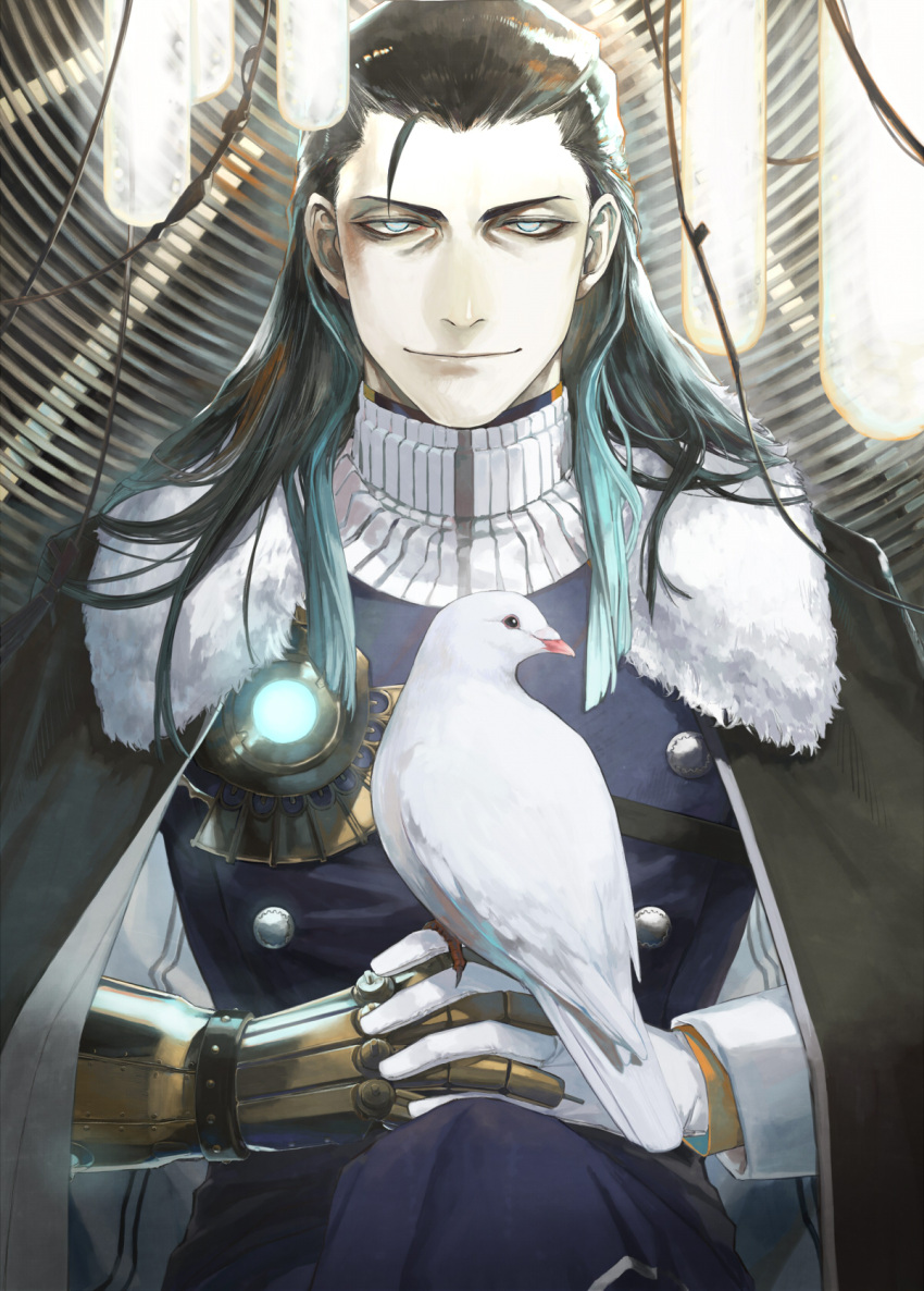 1boy, ballpoint_pen_(medium), bird, bird_on_hand, black_hair, coat, coat_on_shoulders, crossed_legs