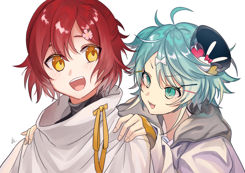 2boys, :3, :d, ahoge, blush, flower, green_eyes, green_hair