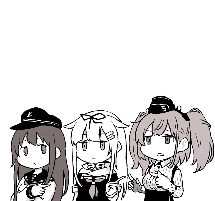 3girls, akara_kai, akatsuki_(kantai_collection), anchor_symbol, atlanta_(kantai_collection), commentary_request, dress_shirt, earrings