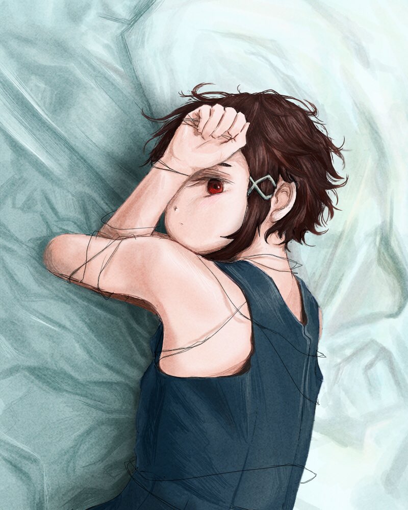1girl, asymmetrical_hair, brown_eyes, brown_hair, closed_mouth, hair_ornament, hairclip, iwakura_lain, looking_at_viewer, nzzcsm, serial_experiments_lain, short_hair, sleeveless, solo, x_hair_ornament