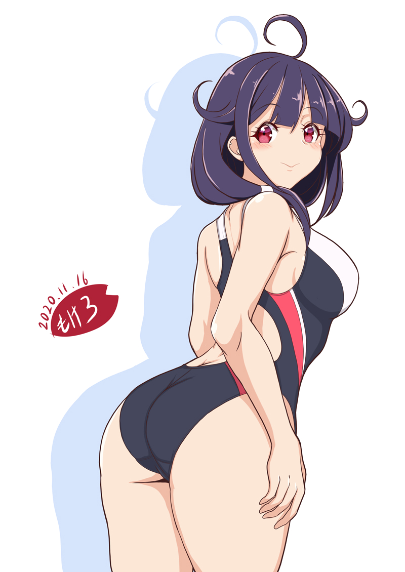 1girl, ahoge, alternate_costume, ass, black_swimsuit, breasts, competition_swimsuit, cowboy_shot, hair_flaps, highleg, highleg_swimsuit, kantai_collection, large_breasts, low_twintails, moke_ro, multicolored, multicolored_clothes, multicolored_swimsuit, one-piece_swimsuit, purple_hair, red_eyes, red_swimsuit, solo, swimsuit, taigei_(kantai_collection), twintails, white_swimsuit