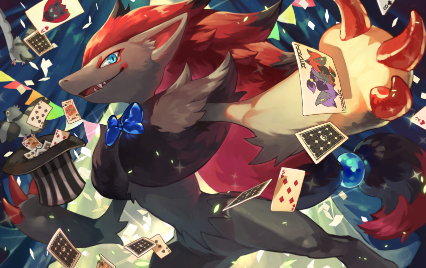 bird, blue_eyes, card, claws, commentary_request, fur, gen_5_pokemon, hat, hat_removed, headwear_removed, highres, magician, no_humans, open_mouth, pidove, playing_card, pokemon, pokemon_(creature), sharp_teeth, smile, striped, striped_headwear, tapioka_chaso, teeth, tongue, zoroark