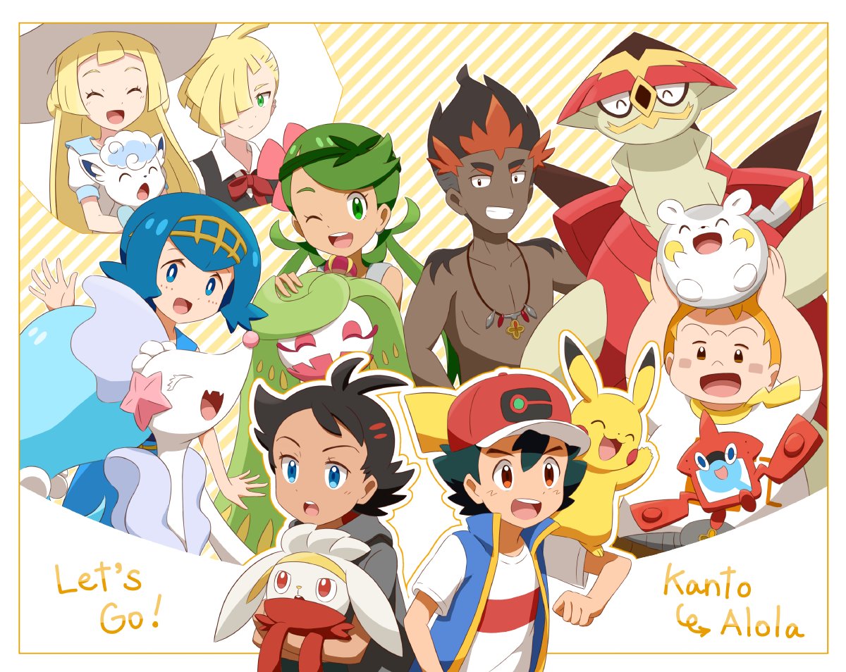 3girls, 5boys, alolan_form, alolan_vulpix, antenna_hair, ash_ketchum, bangs, baseball_cap