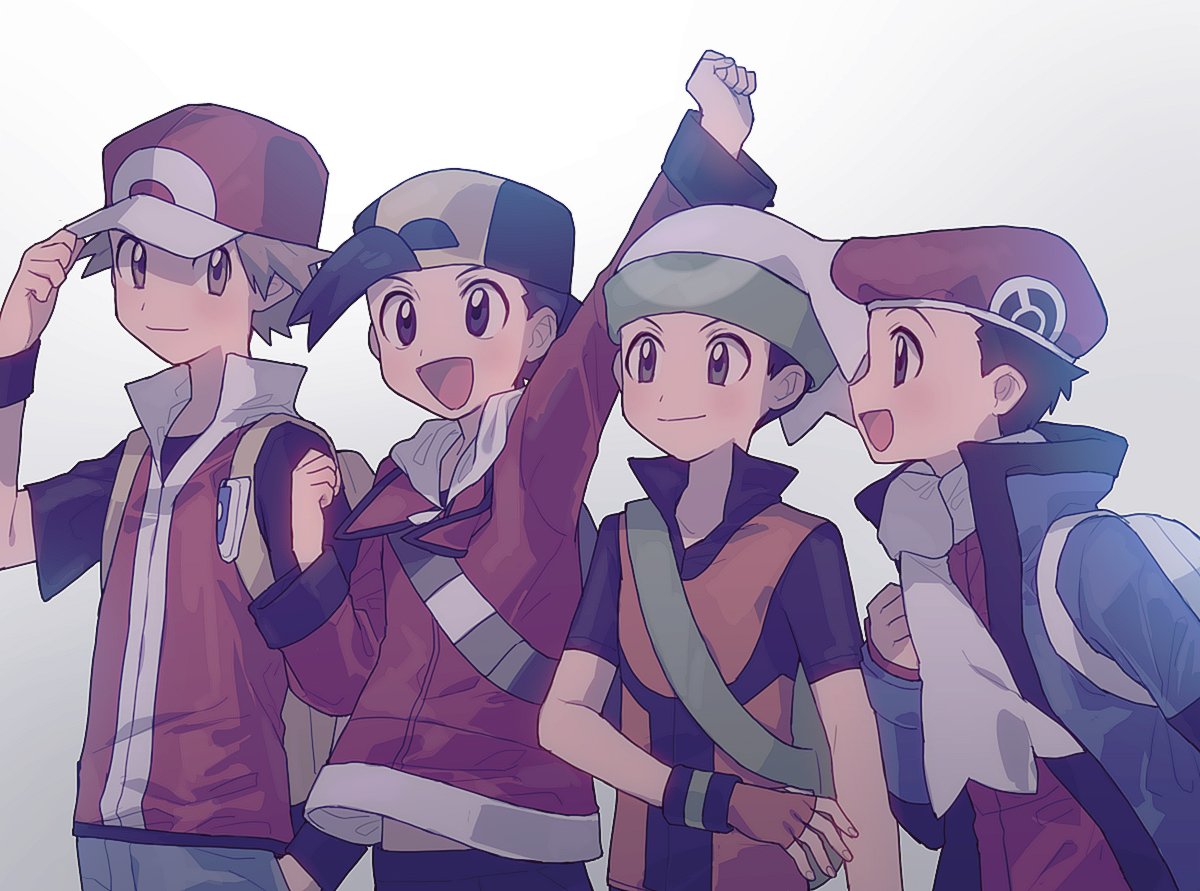 4boys, :d, arm_up, backpack, bag, baseball_cap, beanie, black_hair