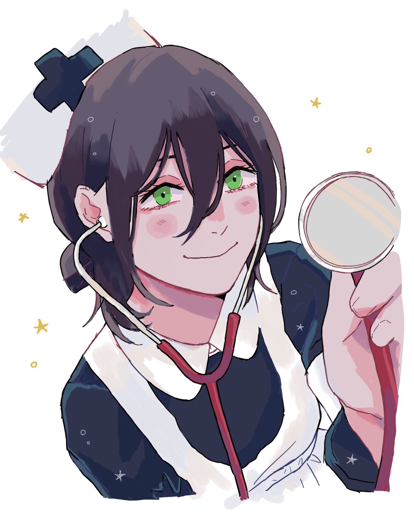 1girl, alternate_costume, apron, black_hair, blush, chainsaw_man, collared_dress, green_eyes