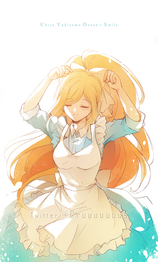1girl, apron, arms_up, bangs, blue_dress, brown_hair, character_name, closed_eyes