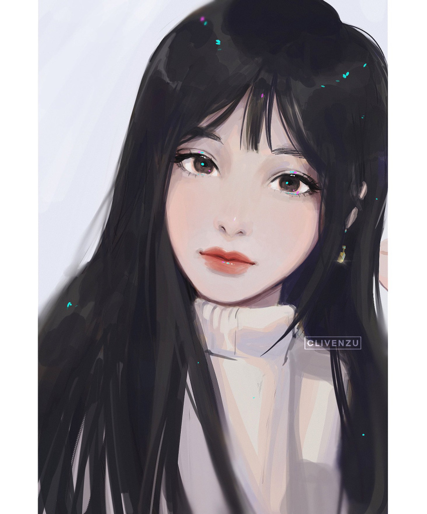 1girl, bad_id, bad_twitter_id, black_hair, brown_eyes, clivenzu, dutch_angle, earrings