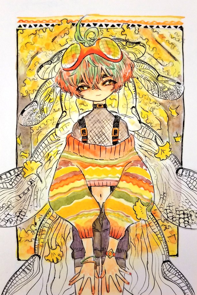 1other, androgynous, closed_mouth, compound_eyes, cowboy_shot, cropped_sweater, fishnet_top, green_hair