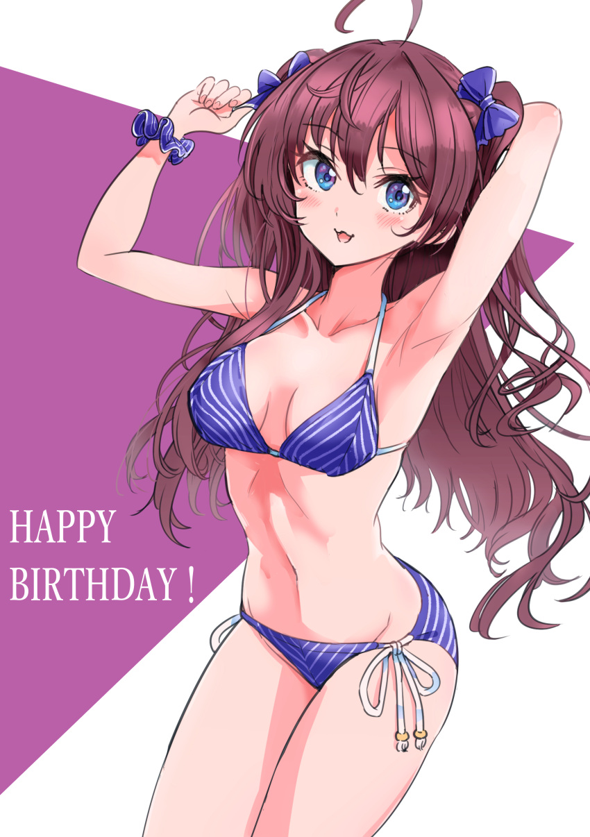 1girl, :3, absurdres, ahoge, arm_behind_head, arms_up, bangs, bikini