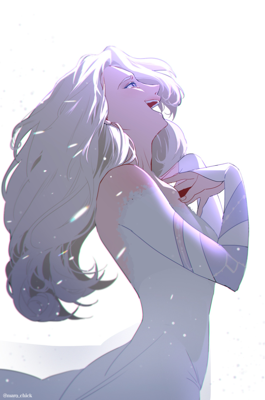 1girl, bare_shoulders, blue_eyes, commentary, dress, elsa_(frozen), english_commentary, floating_hair