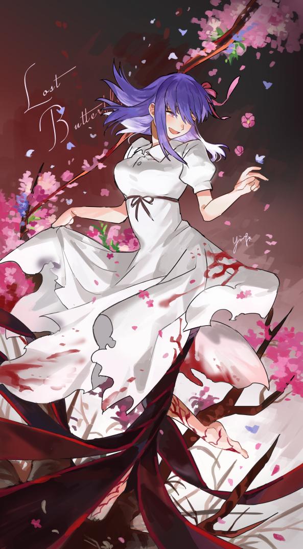 1girl, barefoot, blood, bloody_clothes, cherry_blossoms, commentary_request, corruption, dress