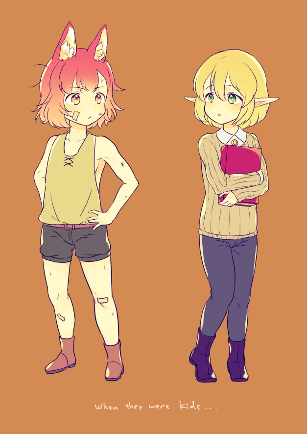 1boy, 1girl, animal_ears, bandaid, bandaid_on_face, bandaid_on_knee, bare_arms, black_footwear