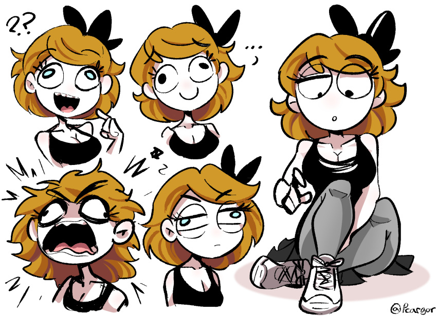 1girl, black_shirt, blonde_hair, bow, derpina, english_commentary, expressions, grey_legwear
