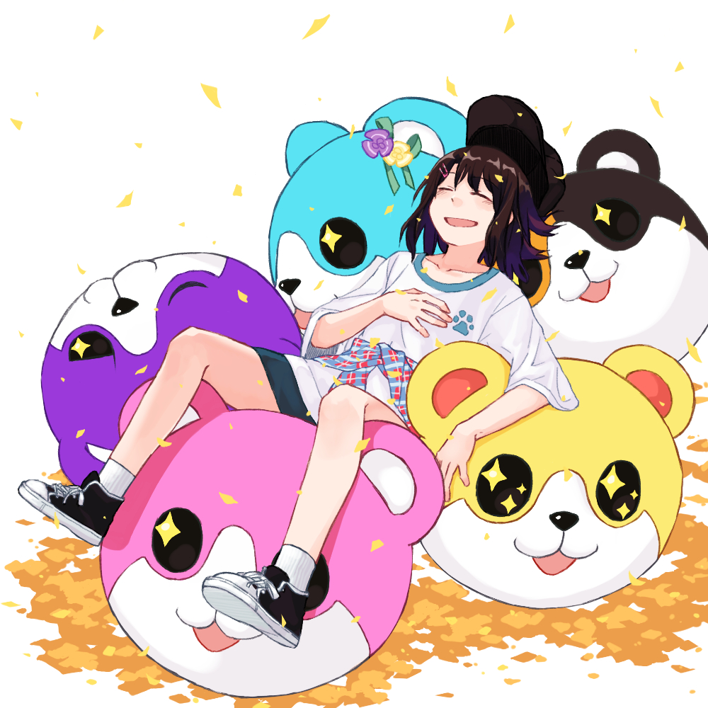 bang_dream!, bear_head, black_footwear, black_shorts, closed_eyes, confetti, hair_ornament, hairclip