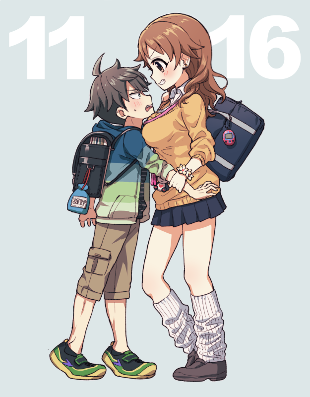 1boy, 1girl, age_difference, ahoge, akuno_hideo, backpack, bag, black_hair