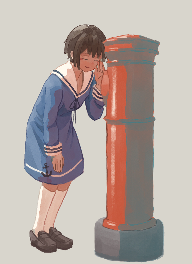 1girl, blue_dress, blush_stickers, brown_hair, closed_eyes, closed_mouth, dress, hehe_(taiwan), japanese_cylindrical_postbox, kneehighs, loafers, long_sleeves, original, postbox_(outgoing_mail), sailor_collar, sailor_dress, shoes, short_hair, simple_background, solo, whispering, white_legwear, white_sailor_collar
