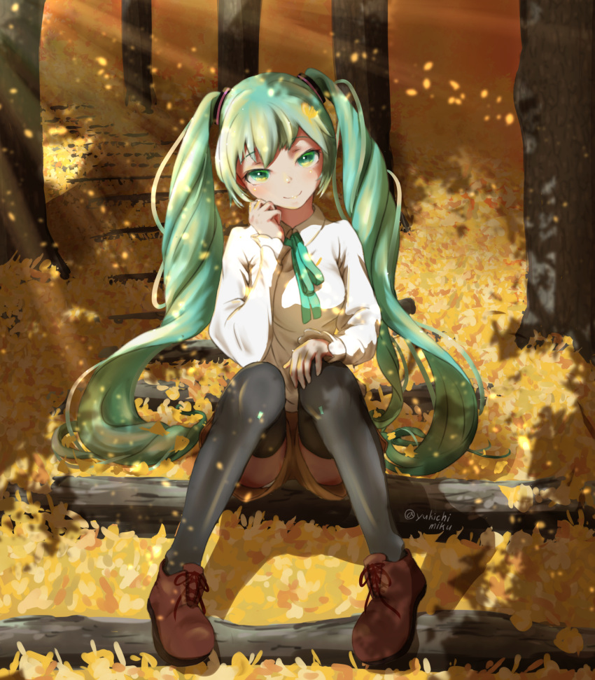 1girl, aqua_eyes, aqua_hair, aqua_neckwear, autumn_leaves, boots, brown_shorts, cheek_rest
