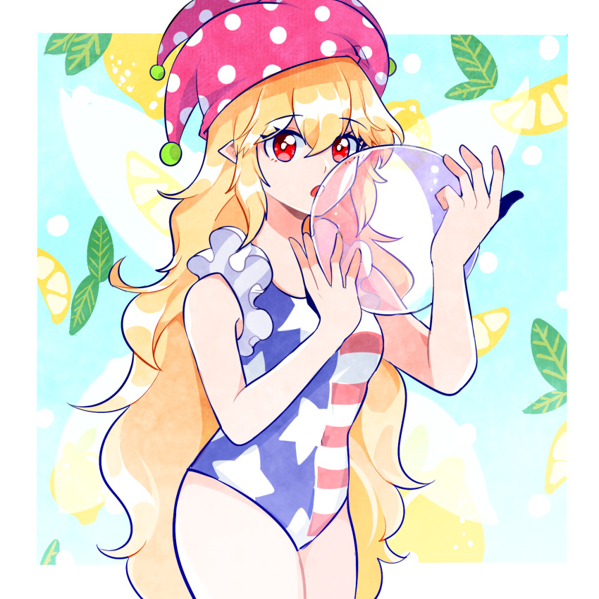 1girl, :o, american_flag_swimsuit, bare_shoulders, border, breasts, bubble, clownpiece, cowboy_shot, eyebrows_visible_through_hair, fairy_wings, food, fruit, hair_between_eyes, hat, highres, holding_bubble, jester_cap, leaf, lemon, lemon_slice, long_hair, looking_at_viewer, mindoll, open_mouth, outside_border, pointy_ears, polka_dot, red_eyes, small_breasts, solo, standing, swimsuit, touhou, very_long_hair, wings