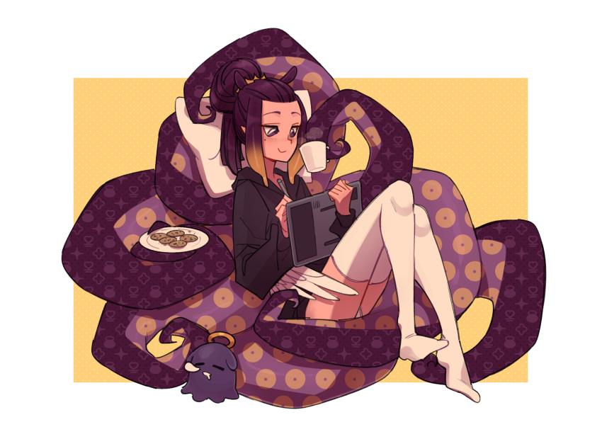 1girl, alternate_costume, alternate_hairstyle, black_eyes, black_hair, black_hoodie, cookie, cup