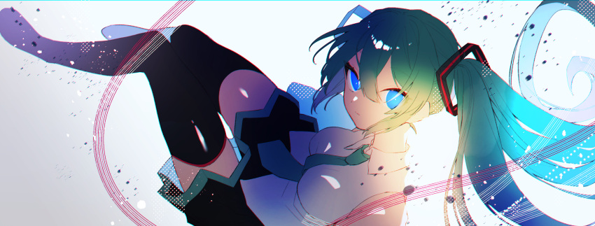 1girl, aqua_hair, aqua_neckwear, bare_shoulders, black_legwear, black_skirt, blue_eyes, cha_sakura