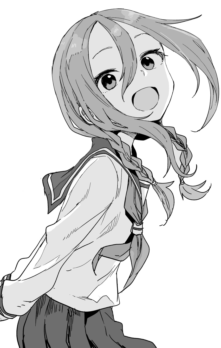 1girl, :d, absurdres, arms_behind_back, bangs, braid, commentary_request, greyscale, hair_between_eyes, hair_over_shoulder, head_tilt, highres, long_hair, long_sleeves, looking_at_viewer, looking_to_the_side, monochrome, neckerchief, open_mouth, parted_bangs, pleated_skirt, sailor_collar, school_uniform, serafuku, shirt, shougi_no_yatsu, simple_background, skirt, smile, solo, twin_braids, white_background, yamamoto_souichirou, yaotome_urushi