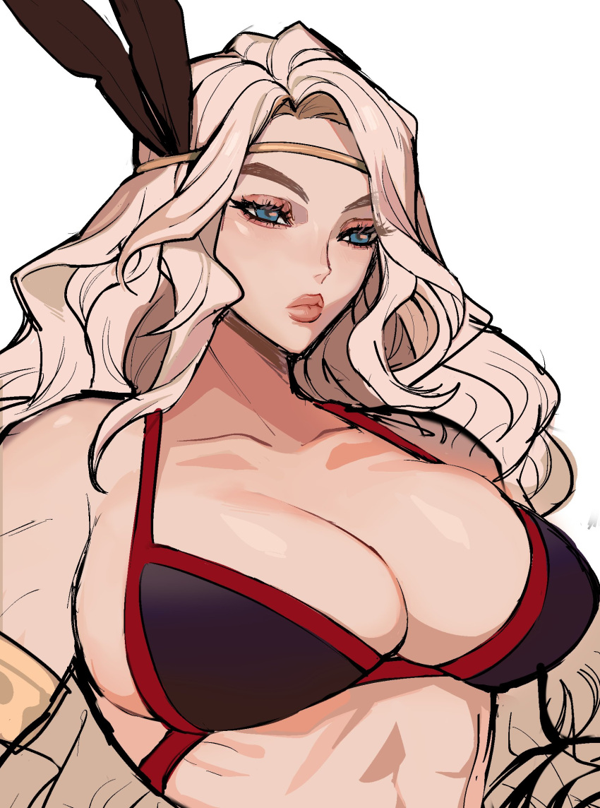 1girl, abs, amazon, amazon_(dragon's_crown), bikini, black_bikini, blue_eyes, breasts