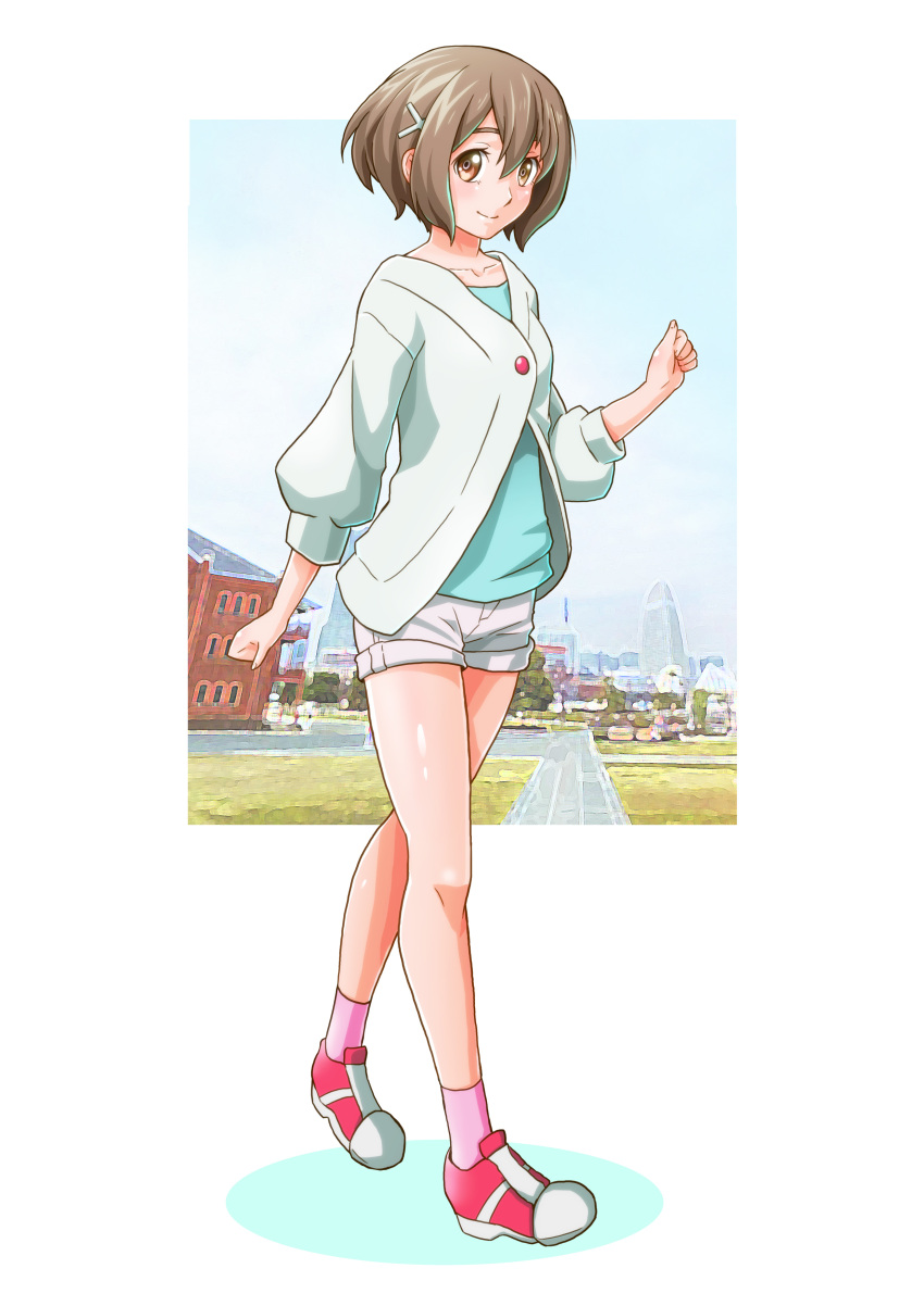 1girl, absurdres, blue_shirt, breasts, brown_eyes, brown_hair, clenched_hand, clenched_hands