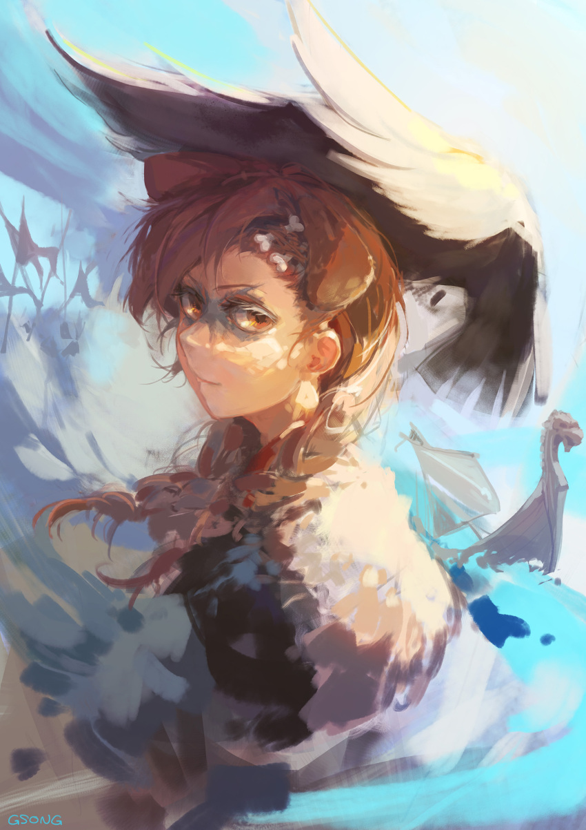 1girl, absurdres, animal_ears, assassin's_creed:_valhalla, assassin's_creed_(series), bangs, bird, bone_hair_ornament